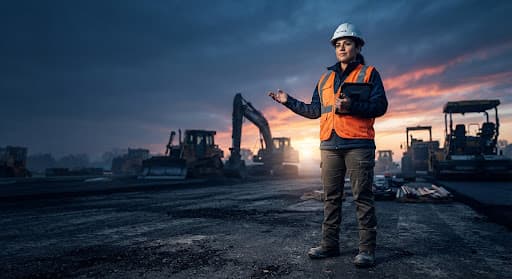 Rectaras field engineer in safety gear at an active construction site at dusk