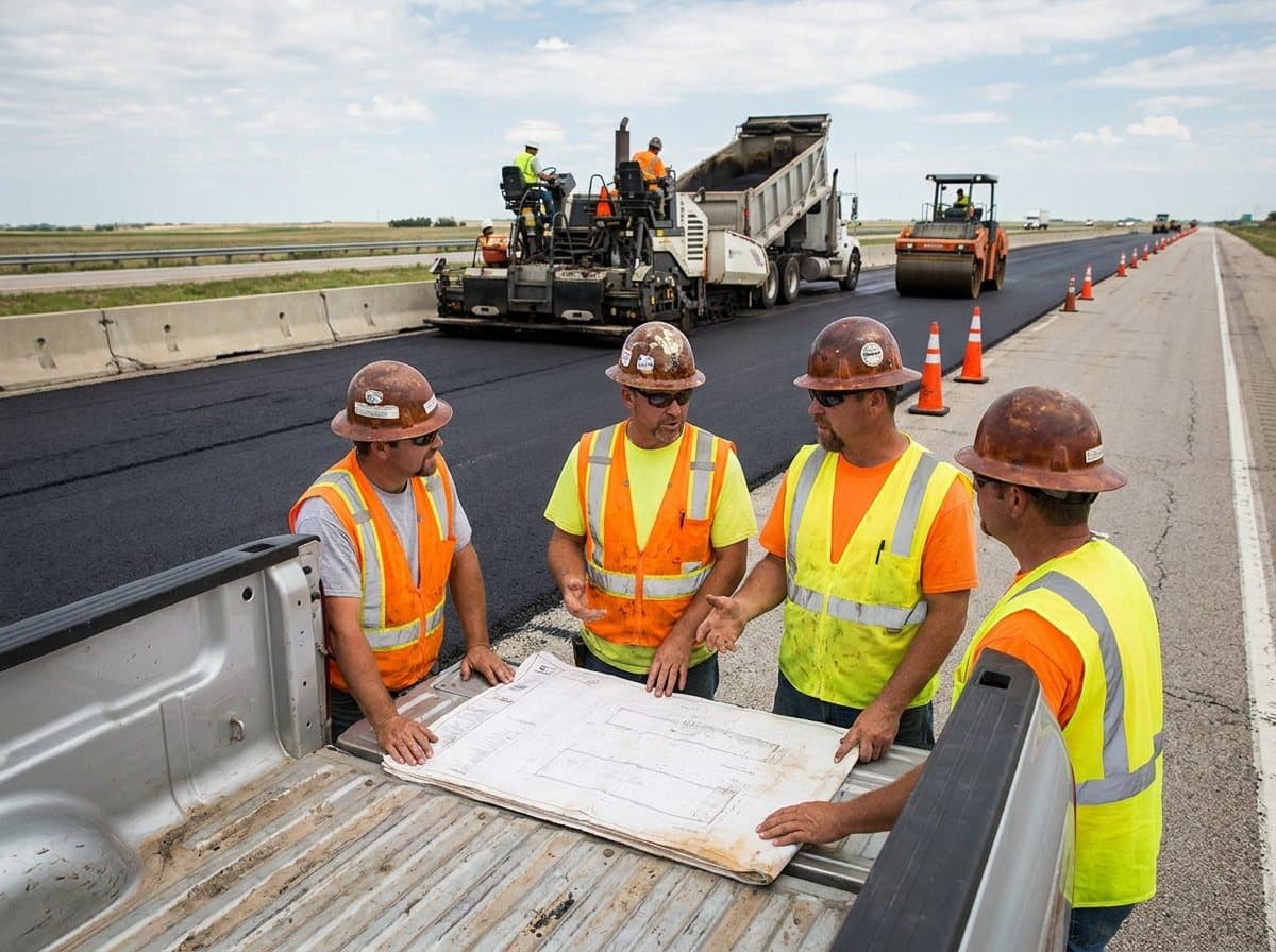 Rectaras road crew reviewing paving plans on an active highway resurfacing site