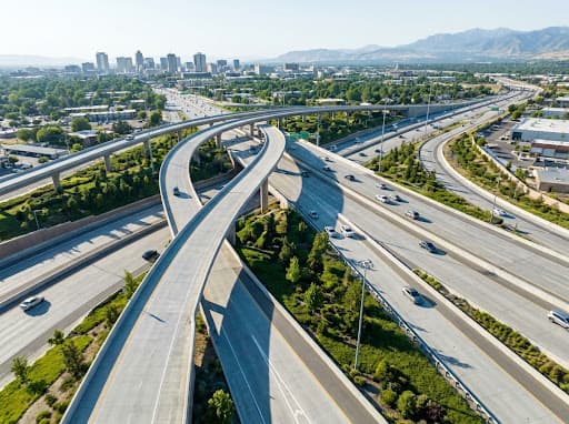 Aerial view of a modernized multi-level highway interchange