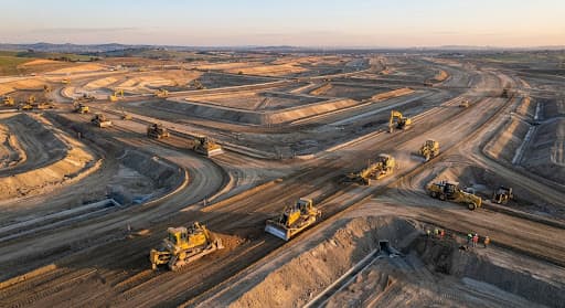 Aerial view of a large-scale earthwork and grading site