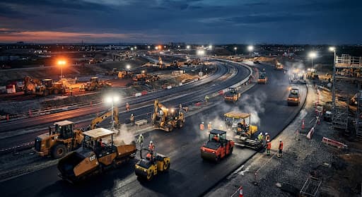 Newly built multi-lane highway at dusk with construction lighting