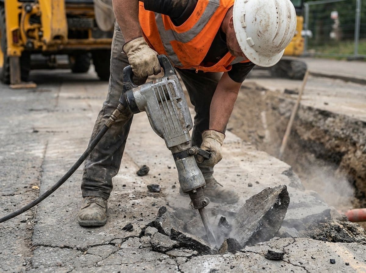 Construction worker breaking cracked asphalt with a pneumatic jackhammer during road repair